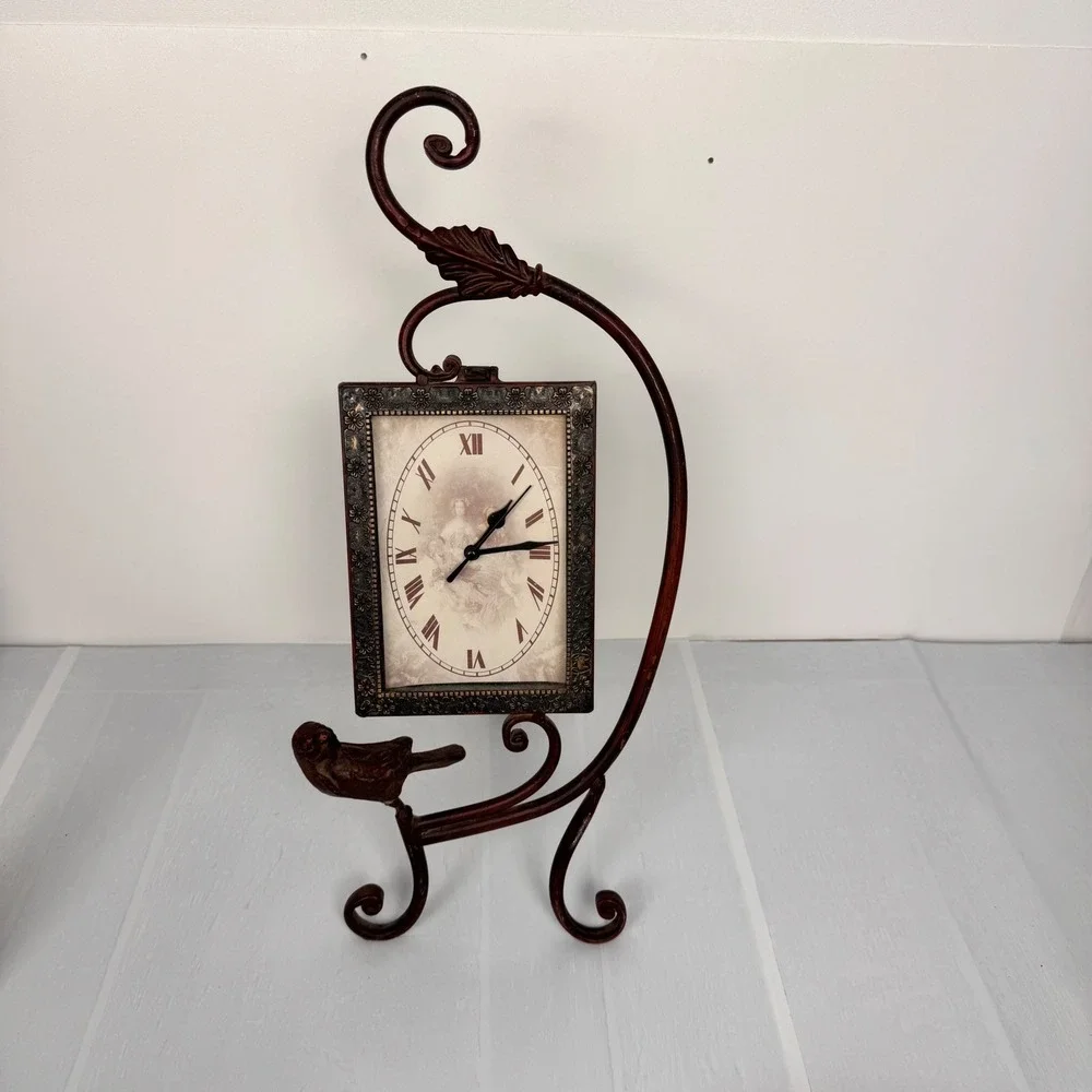 Tabletop Clock Wrought Iron Vintage Shabby Chic Bird Scroll Floral Mantel Decor
